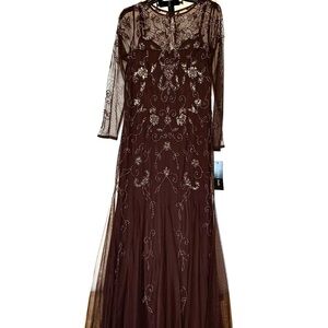 Adrianna Papell Brown Long Sleeve Embroidered Dress